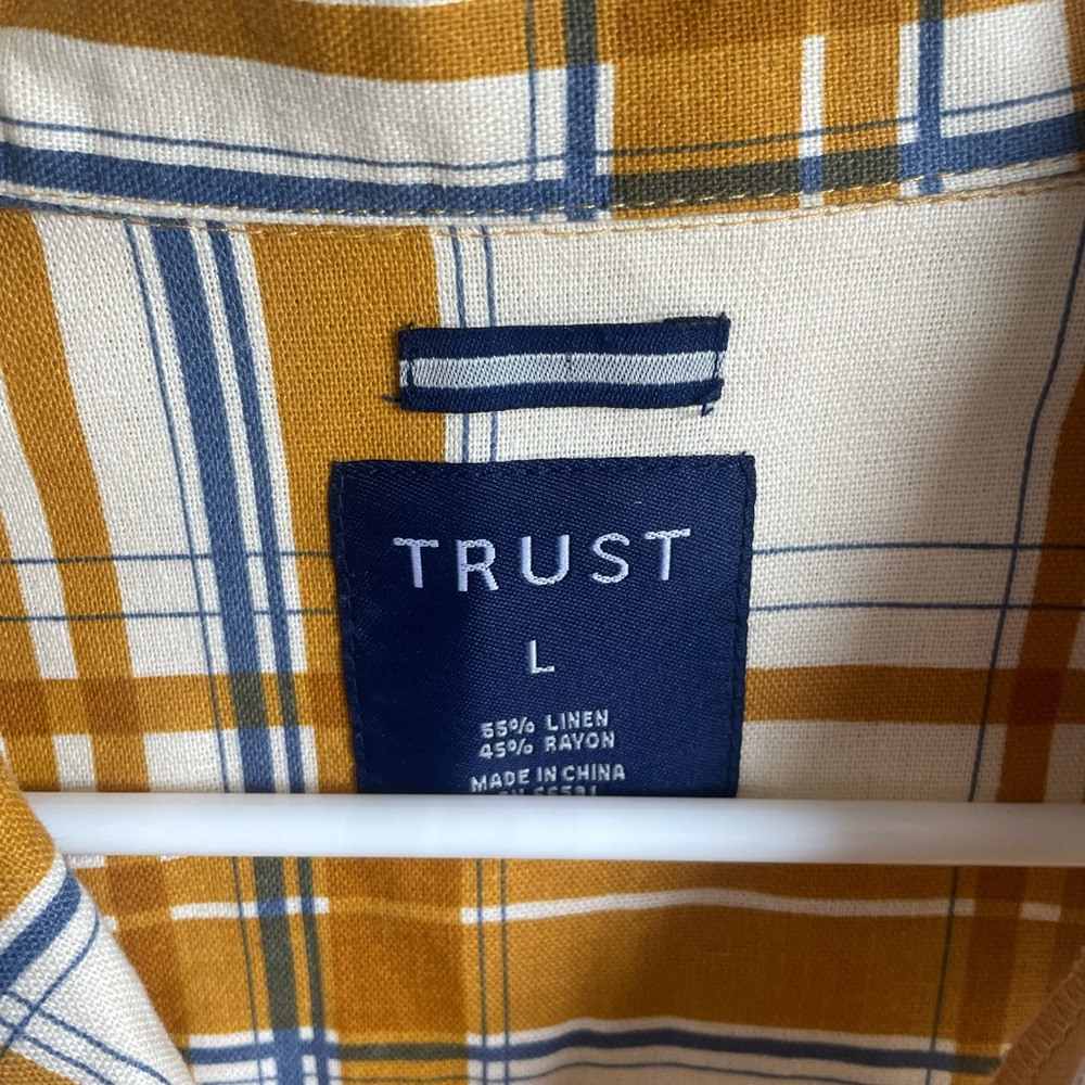 Trust Yellow Plaid Vintage Style Linen Short Sleeve Collared shirt Men’s Large - Picture 3 of 4